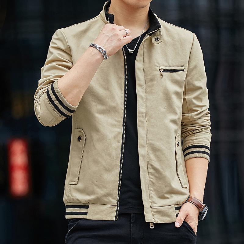 Spring and Autumn Men's Jacket Korean Version of Youth Stand-up Collar Casual Tooling Pure Cotton Jacket Solid Color Top Thin