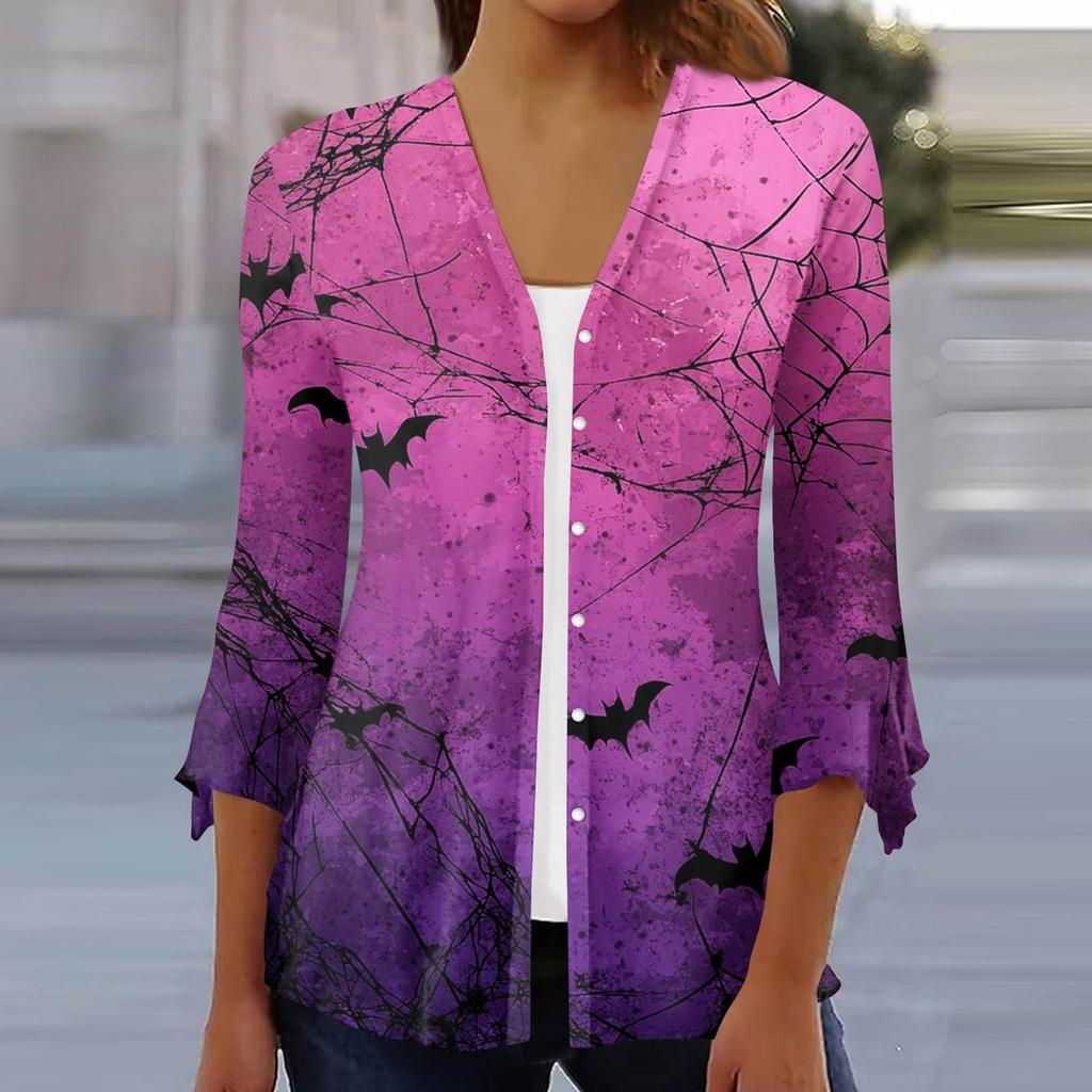 Damen Locker Lässig Bedruckt Siebenärmel Knopfleiste Hemd Strickjacke Top