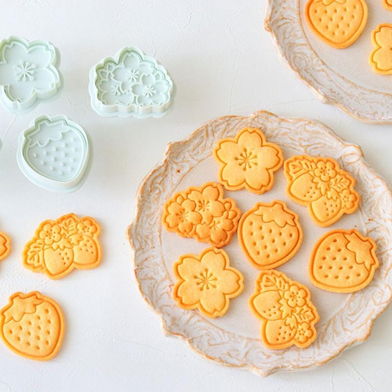 Flower Strawberries Cookie Cutter Pressable Biscuit Molds Plastic Cookie Stamps DIY Cake Bakings Tool Easy to Clean