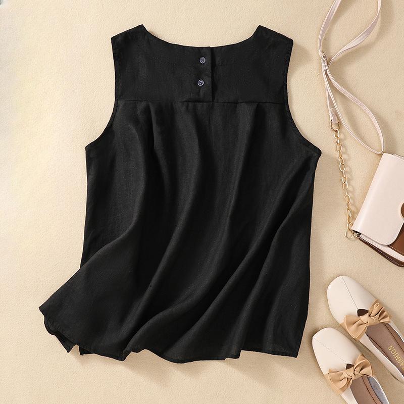 Summer Literature Loose Solid Color Cotton Linen Round Neck Sleeveless T-shirt for Women's Vest Top
