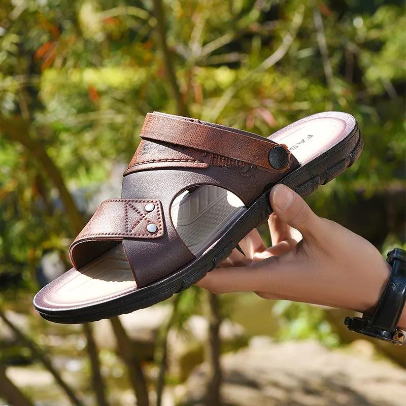 Leather Sandals for Men Summer Beach Shoes Men's Casual Slippers Non-slip Open-toe Sandals Shoes Male