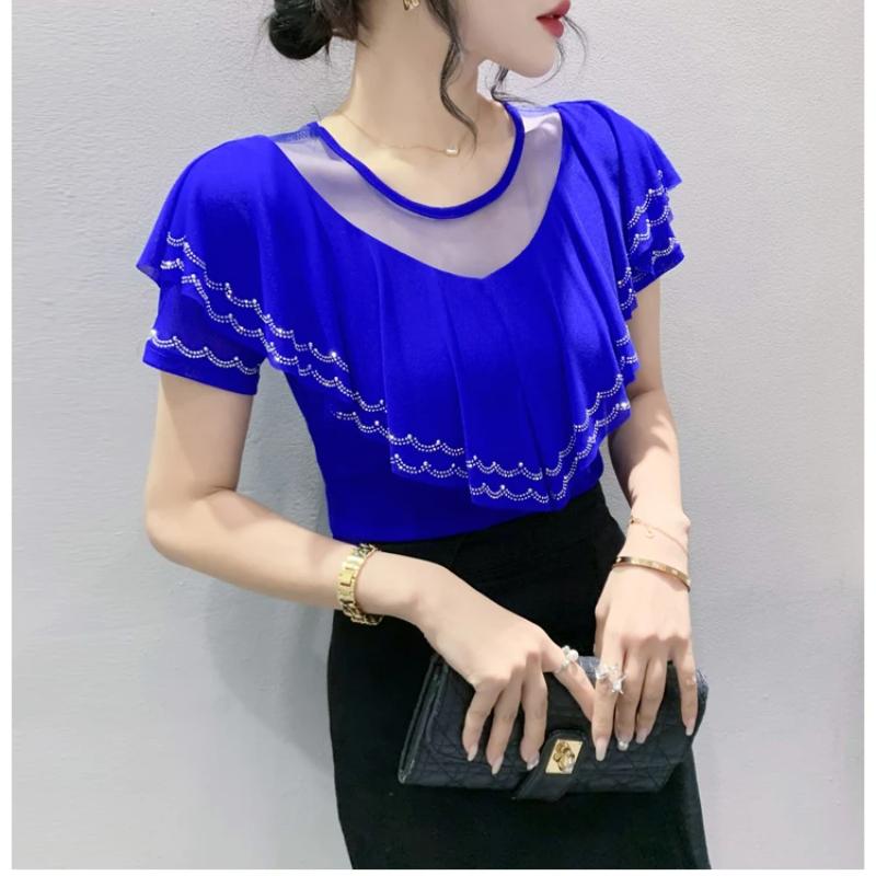 New Chic Summer Elegant Women T-Shirt Clothes Sexy Luxury Shiny Diamonds Tops Short Sleeved Ruffles Mesh Tees Blusas