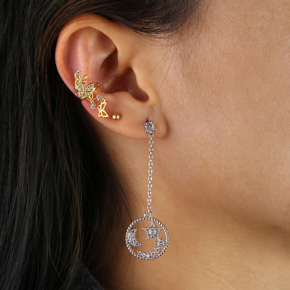 Promotion Geometric Round Circle Engrave Cz Moon Star Long Tassel Chain Dangle Earring for Women Fashion Jewelry