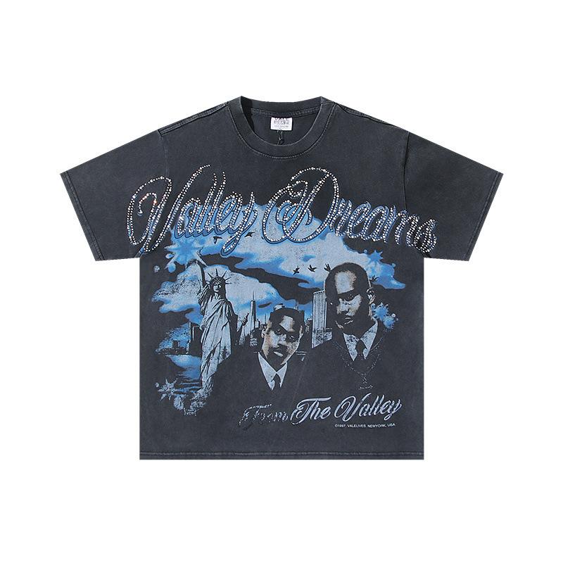 26 Cross-border foreign trade VALL Meichao high street retro washing water old direct injection hot diamond short sleeve pullover men's and women's 