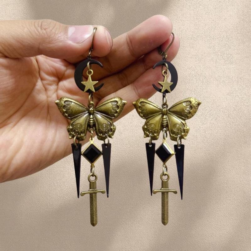 Retro Gothic Star Moon Butterfly Sword Tassel Earrings