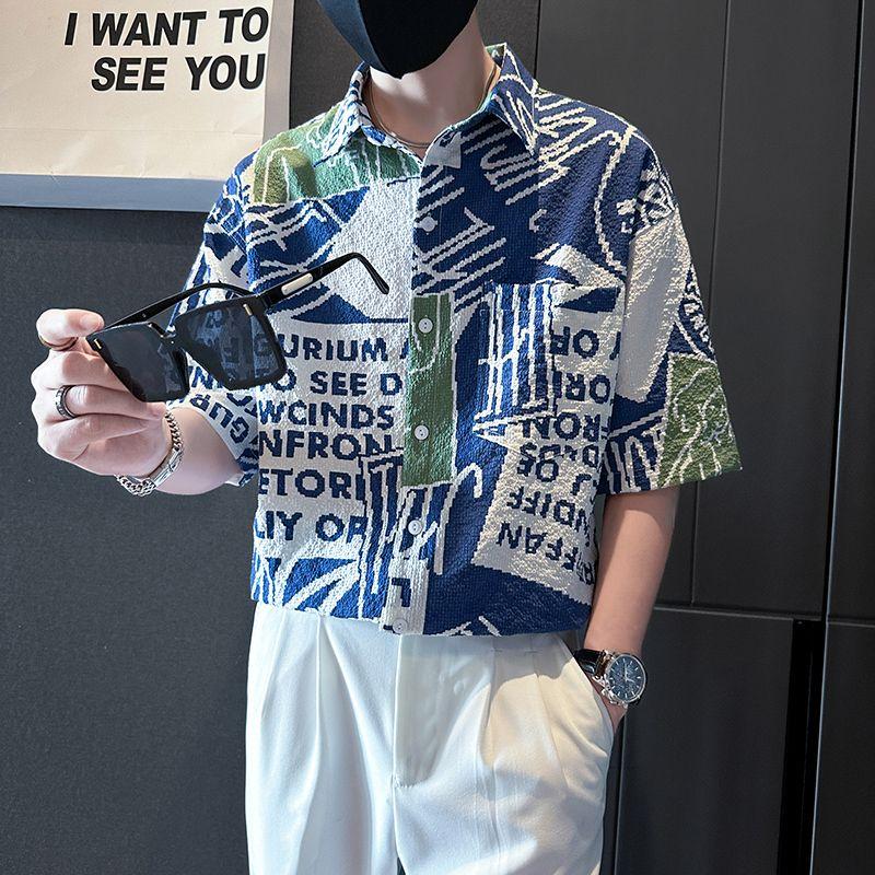 Men Clothing Summer Trendy Print Lapel Pocket Button Down Shirt Casual Streetwear Short Sleeve Loose Chic Tops Camisas De Hombre