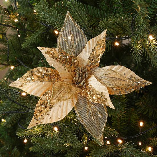 11" Christmas Artificial Flowers Glitter Sequins Poinsettia Flower Fabric Fake Flower Picks for Xmas Tree Ornament Wedding Birthday Wreath Decoration