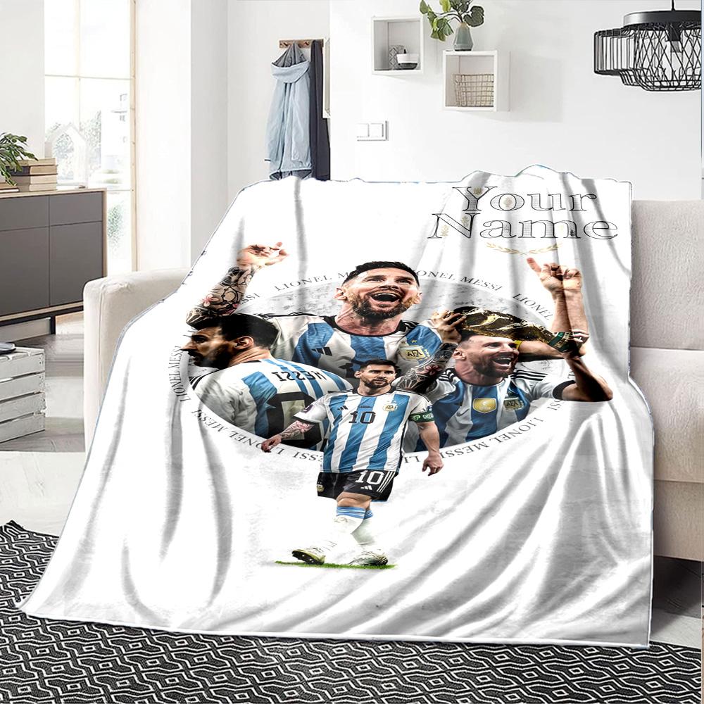 Football Messi Customize Text Blanket Cozy Customizable Blanket Soft Warm Cozy Throw For Bed Seaside Living Room Office Chair Four Seasons Multipurpos