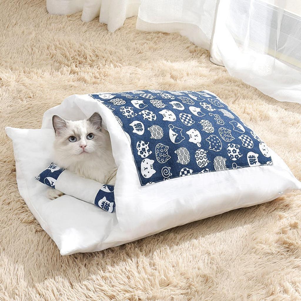 Japanisches Haustierbett Warmer Katzenschlafsack Tiefschlafhöhle Winter Abnehmbares Haustierhausbett für Katzen Hunde Nestkissen mit Kissen