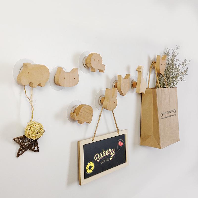 Creative Beech Wood Adhesive Hooks – Funny Animal Design Coat & Hat Hooks for Behind-the-Door Use