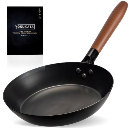 YOSUKATA 10 1/4-inch Carbon Steel Frying Pan ? Non-Toxic Pre-Seasoned Skillet with Removable Wooden Handle ? Coating-Free Wok-Style Pan for Gas, Induc