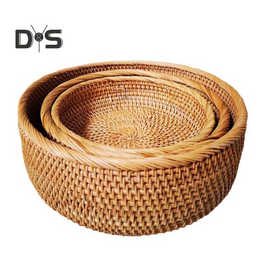 Oppbevaringskurv i rotting Rund serveringskurver til stue Håndvevd fruktskål Brødkurv til kjøkkenbenk