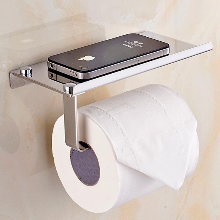 304 Stainless Steel Toilet Paper Holder with Phone Shelf and No-Drill Installation