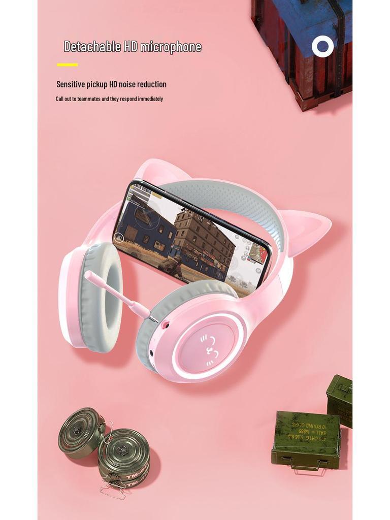 BH-300 Cat Ear Light-Up Bluetooth Headphones with Microphone for Live Streaming