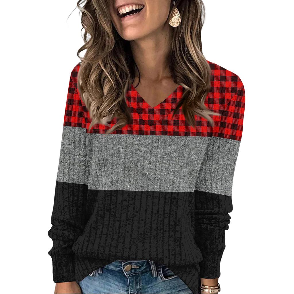 Women's Fashionable Oversized V-Neck T-Shirt With Striped Patchwork Print Long-Sleeved Pullover Top