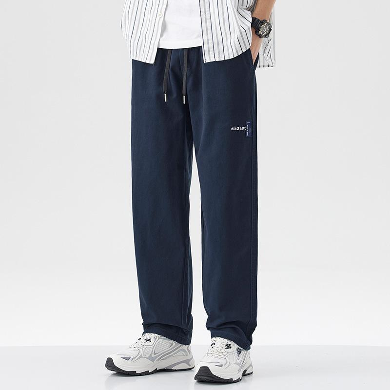Solid color simple and versatile pure cotton casual pants men's new trendy brand loose straight elastic waist long pants men