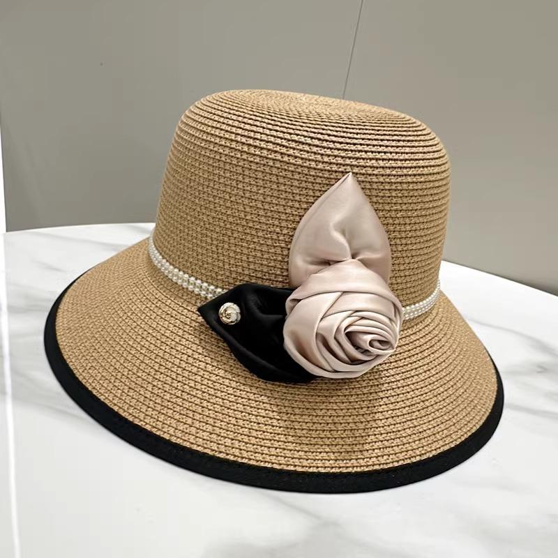 Vintage Rose Pearl Decorative Bucket Hat Women's Summer Sunshade Sunscreen Hepburn Style Straw Hat Bowler Hat