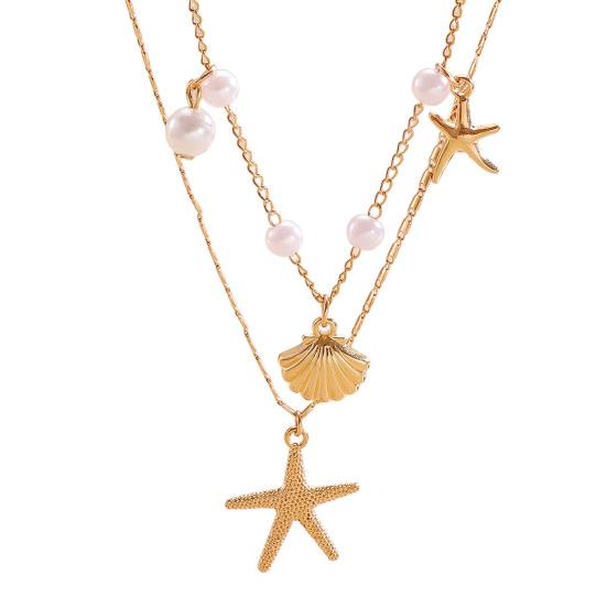 Двухслойная ракушка Кулон Ожерелье Легкое Гипоаллергенное Женское Искусственный Жемчуг Звезда Морская Шарм Многослойная Цепочка Ожерелье Океан Пляж Украшения на Шею C