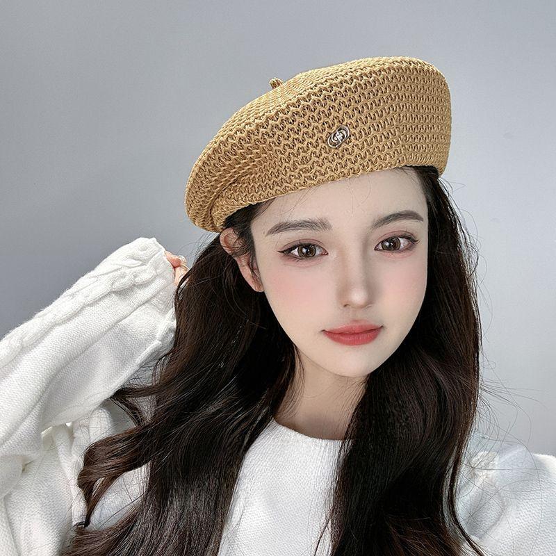 Women's Retro Japanese Style Straw Beret Spring and Summer Breathable Artist Hat Face-Slimming Woven Foldable Straw Hat