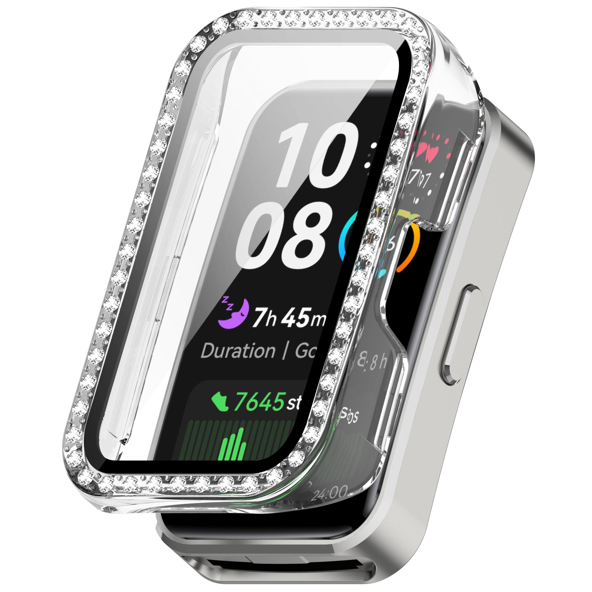 

For Huawei Band 10/9/8 Clear Case Rhinestone Decor PC+Tempered Glass Film Protective Watch Cover As Shown A
