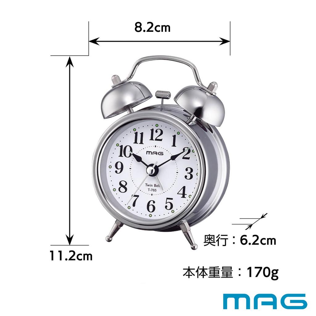 MAG Alarm Table Twin Continuous Second Bell Bells Mini Noah Precision Clock, Clock, Small, Cute, Bell, Analog, Quiet, Hand, Sound, Alarm, Snooze,