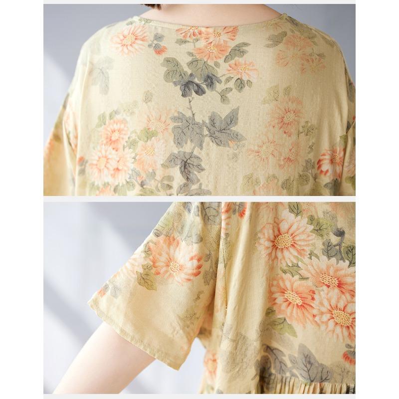 DIMANAF 2025 Summer Plus Size Dress Basic Women Vintage Casual Loose O-Neck Long Floral Printing Dress Maxi