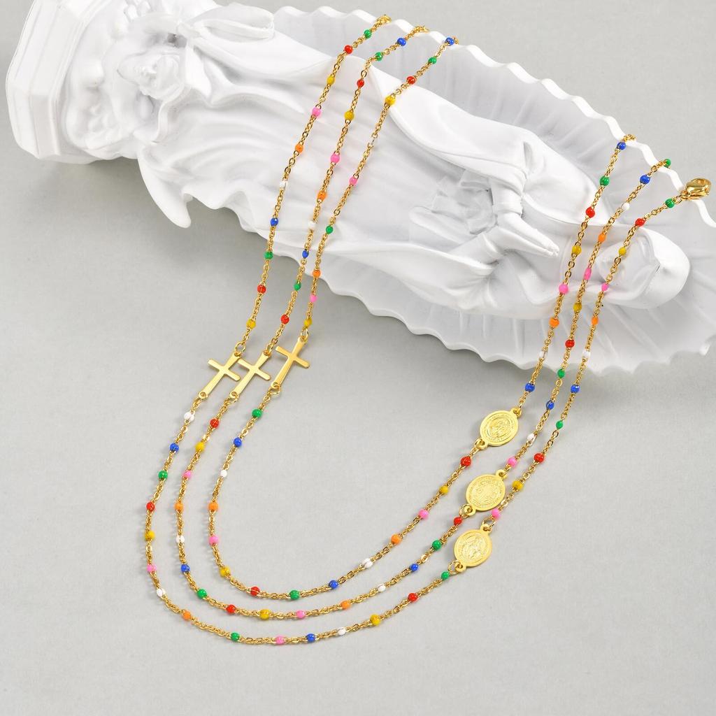 Sideway St. Collana con Croce di San Benedetto e Vergine Maria per Donna, Catena Satellite con Perline in Acciaio Inossidabile Smaltato, Gioiello Religioso