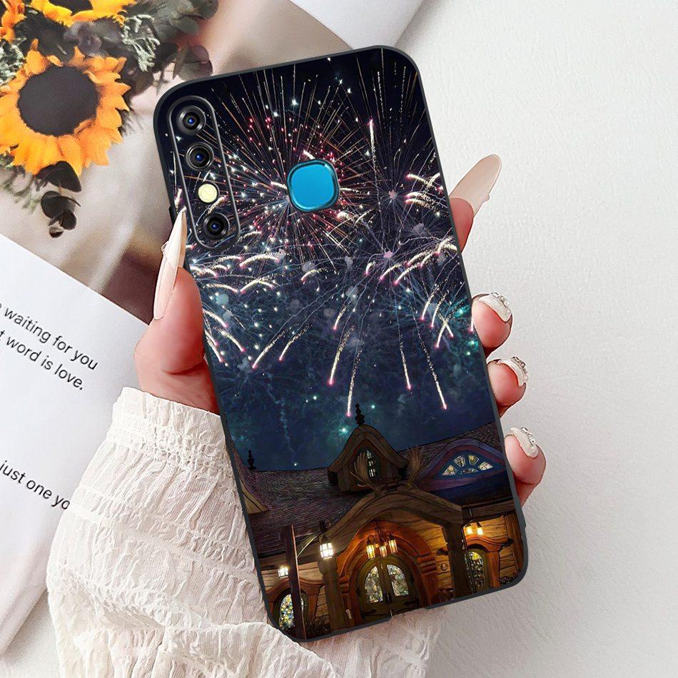 For Infinix Hot 8 Phone Case Hot 8 Lite Hot8 X650 X650C X650B X650D Elegant Floral Cat Pattern Black Silicone Soft TPU Cases