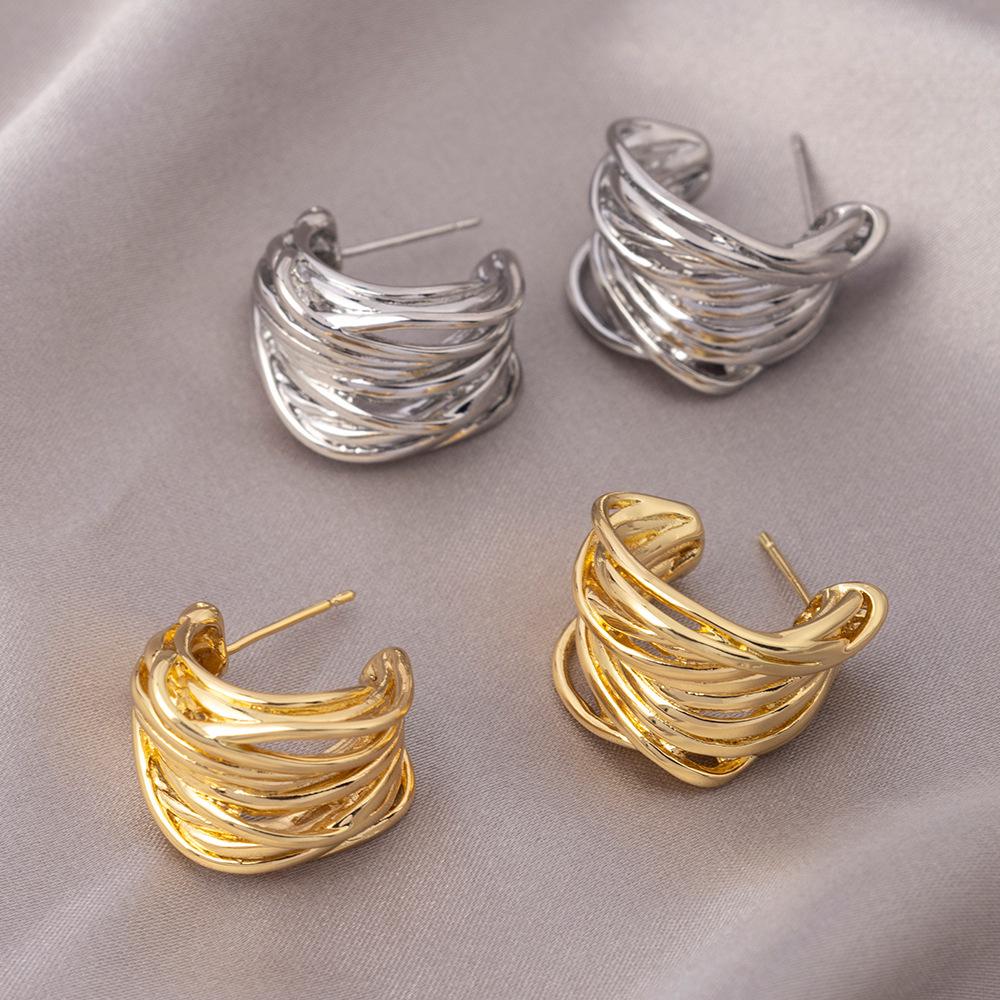 European & American Style Multi-Layer Twisted Geometric C-Shaped Hoops for Women - Personality & Temperament Earrings