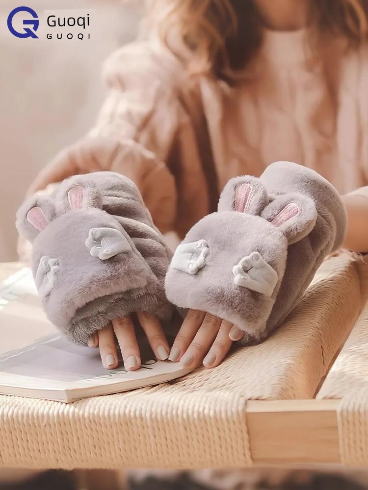 Cute Rabbit Ear Plush Gloves for Girls, Winter Warm Korean Style Student Gloves with Fleece Lining and Thickened Half-Finger Flip Cover