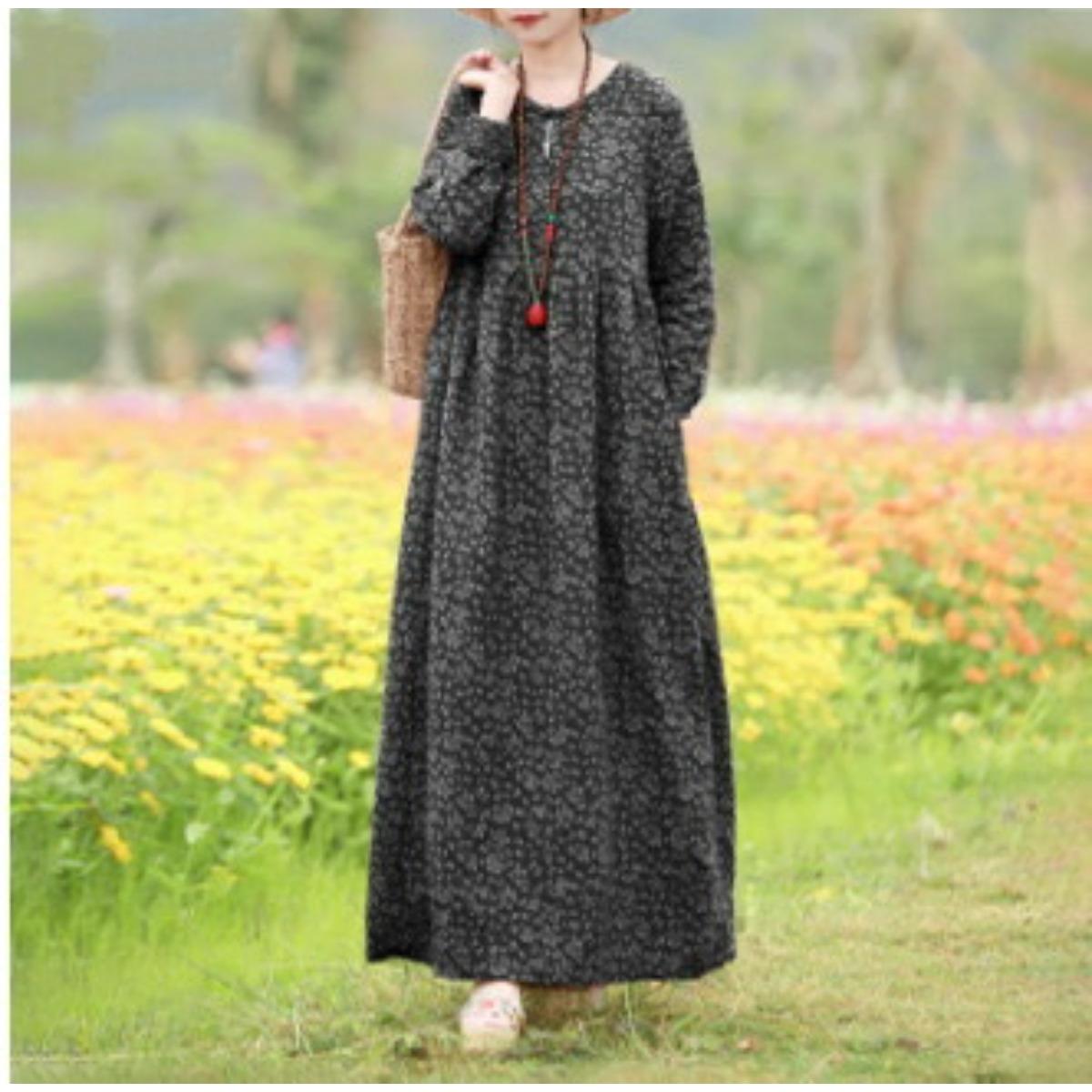 

Винтажное женское платье с принтом, весенний сарафан, повседневное, с длинным рукавом, макси, Vestidos, женский цветочный ажурный халат большого размера 5XL чёрный