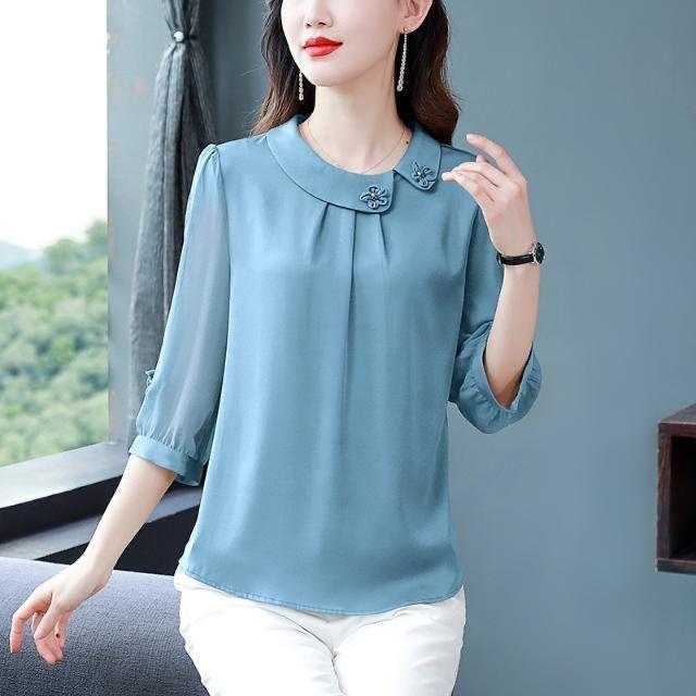 Women's Spring and Autumn Plus Size Thin Section Round Neck Seven Quarter Sleeve Solid Colour Casual Loose Breathable Comfortable Shirt
