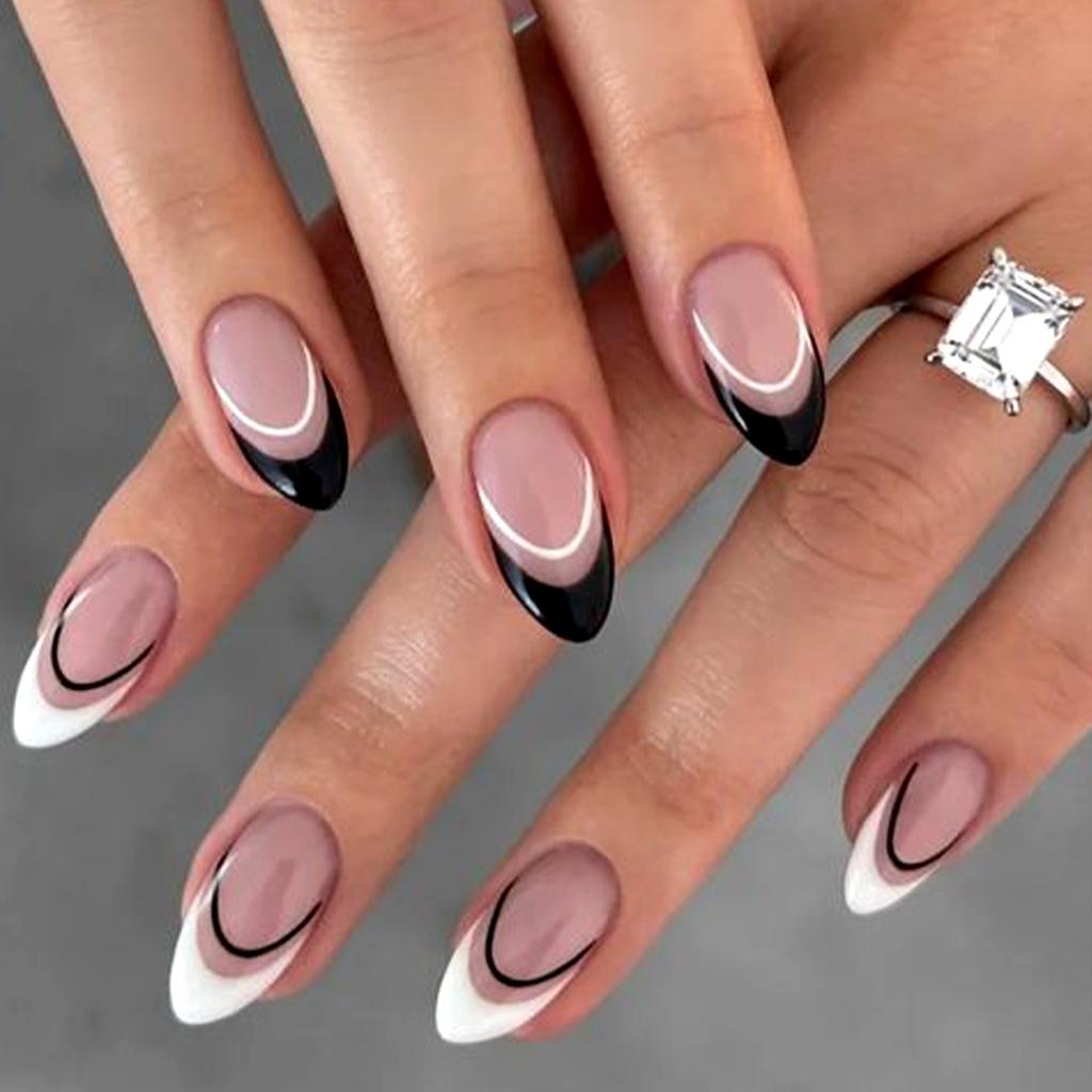 24Pcs French Tip Almond Press On Nails Solid Gradient Full Cover Acrylic False Nails Wearable Manicure Nail Art