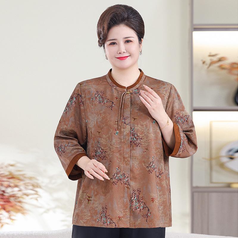 Stylish Plus Size Mid-Sleeve Shirt for Elderly Women: Spring/Summer Tang Suit Top for 70-Year-Olds