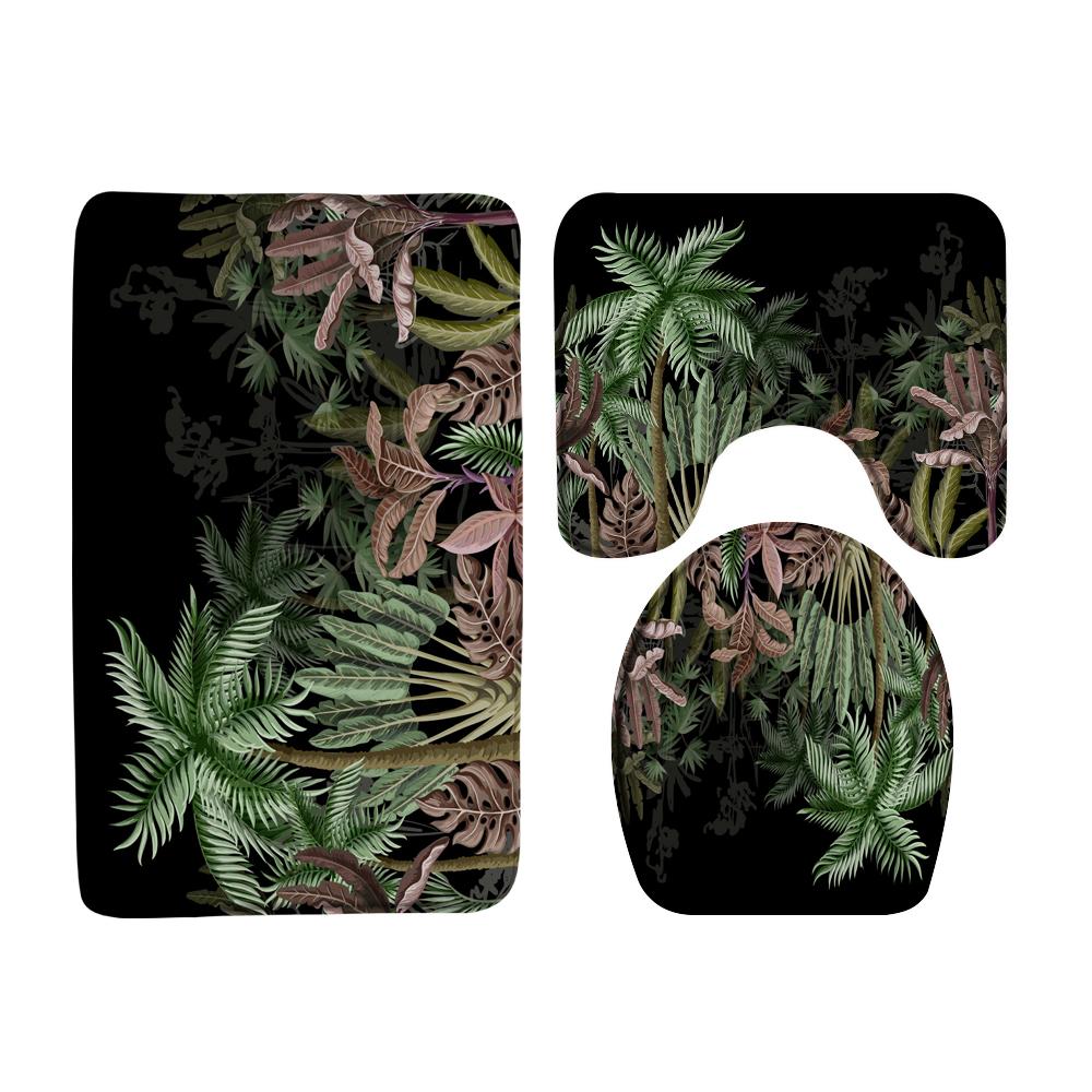 Black and Gold Tropical Plant Palm Leaf Bathroom Shower Curtain Set for Bathtub Exotic Leaves Bath Mats Rugs Toilet Home Decor