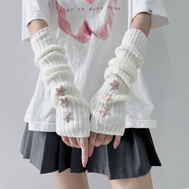

XINGX Half Finger Gloves Young Adult Winter Knitting Wool Girl Y2g Subculture Fall and Winter Lolita Arm Oversleeve White All yards