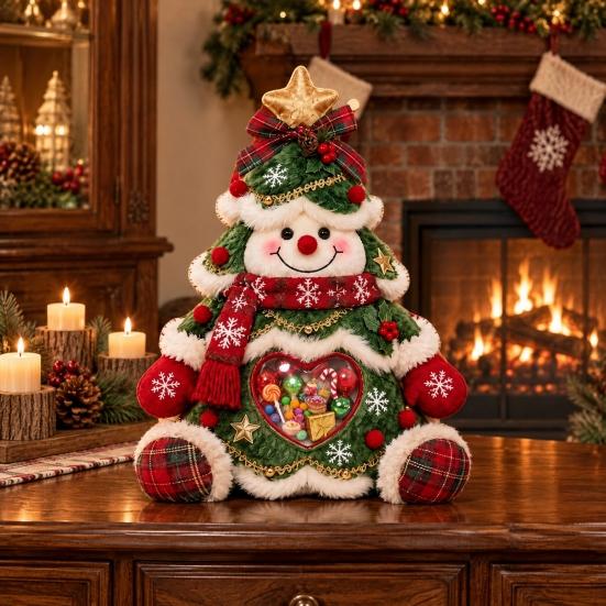 Cute Christmas Table Centerpiece Refillable Snowman Treat Holder, Plush Sitting Figure Candy Jar with Clear Heart Soft Decoration Window, 3D