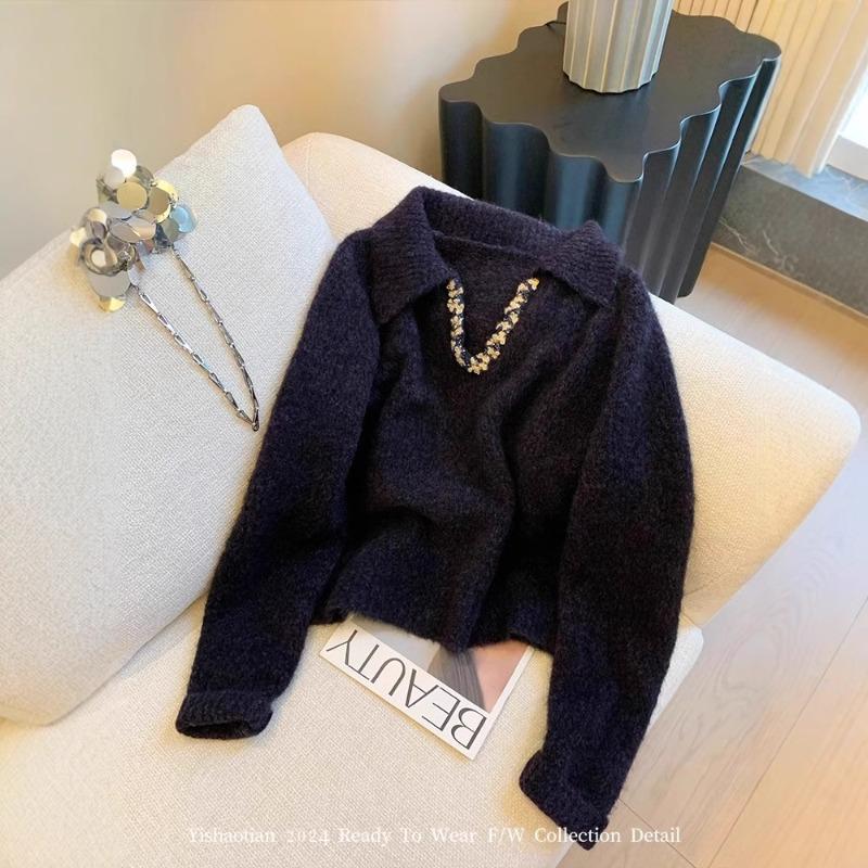 

Женский свитер с бисером и пайетками на шее, новый осенне-зимний, модный вязаный свитер свободного кроя в стиле кэжуал one size fits all фиолетовый