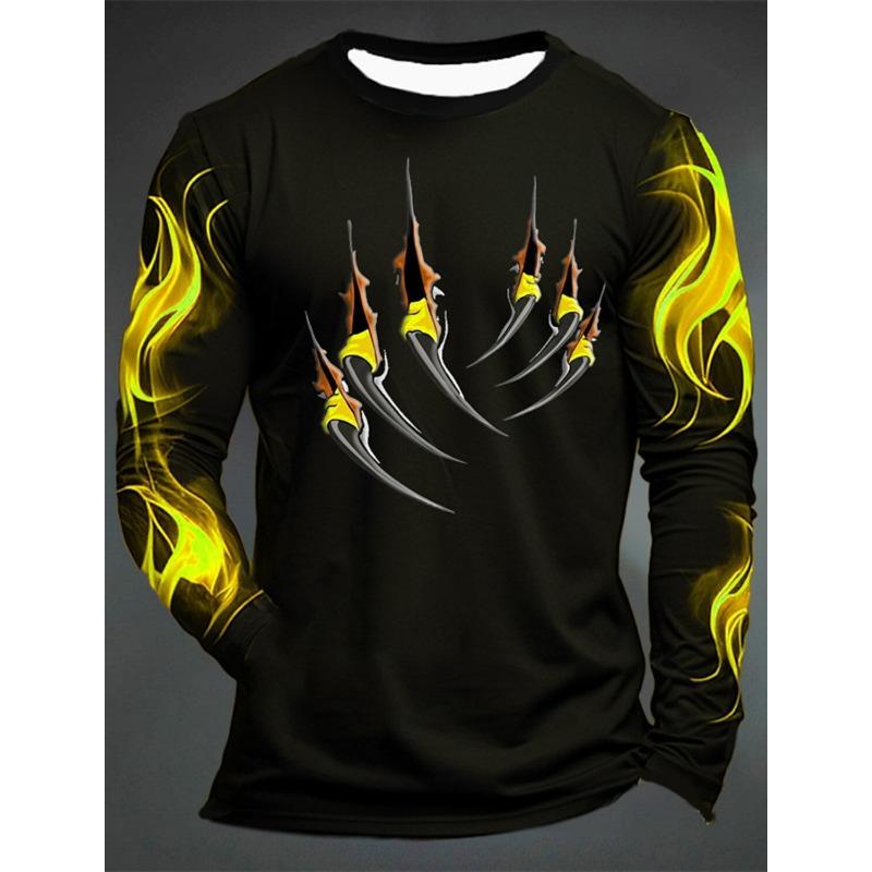 3D Printed Flame Scratch Pattern 3D Printed Autumn Men's Crew Neck T-Shirt Casual Long Sleeve Oversized Pullover Fashion Tops
