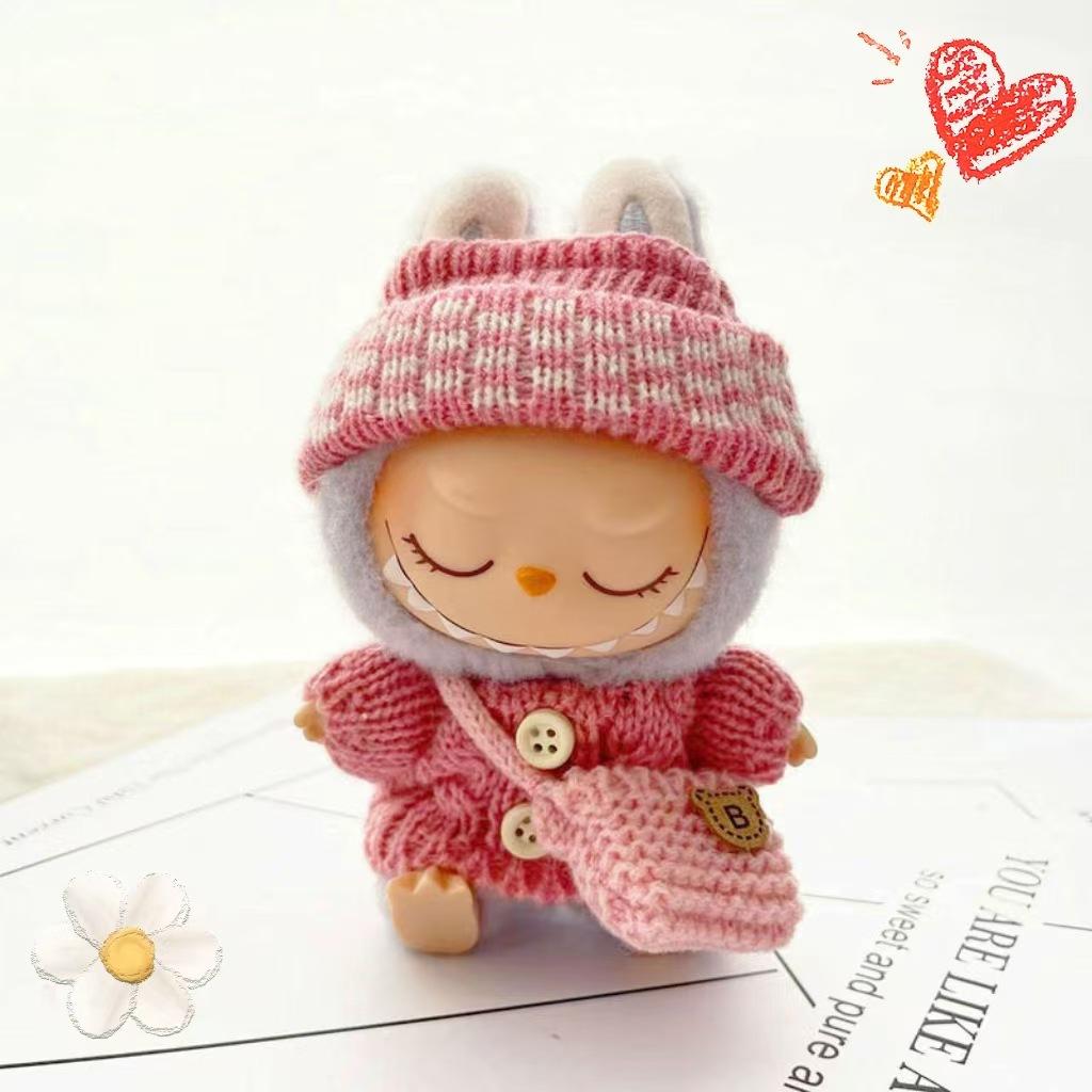 15-17cm Labubu Clothes Outfit Set for V1 V2 Cute Sitting Party Doll Sweater Hat Bag Accessories for Mini Plush Dolls Decoration