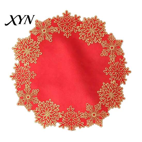 Winter Holiday Party Tableware Christmas Embroidered Placemat, Red And Gold Snowflake Table Decorations for Home Mat, Heat Resistant Polyester