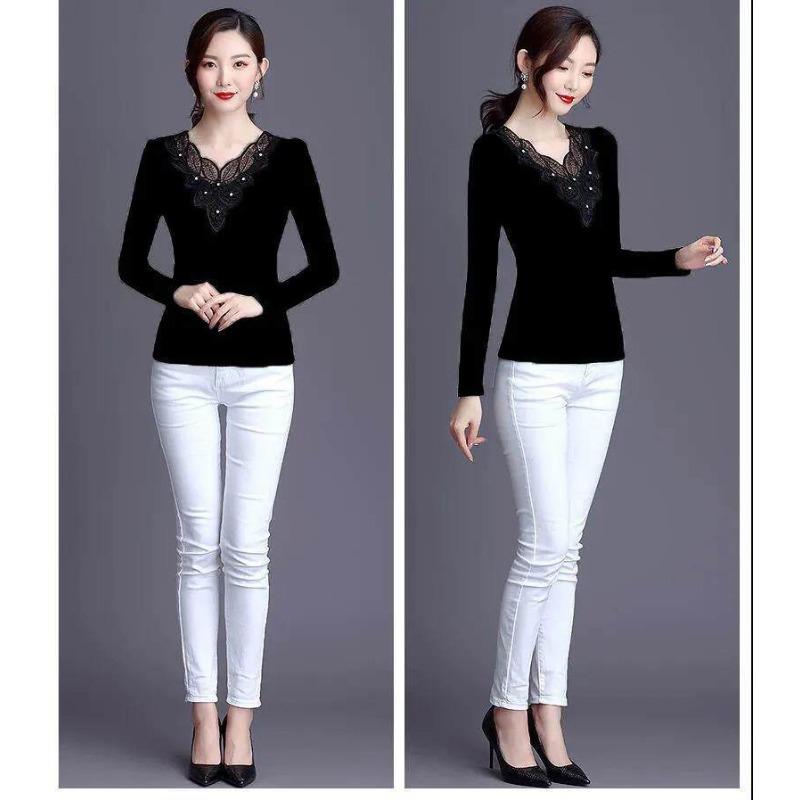 Women's New Velvet and Thickened Autumn Clothes Black Mesh Bottoming Shirt Women's Lace Fashionable Top