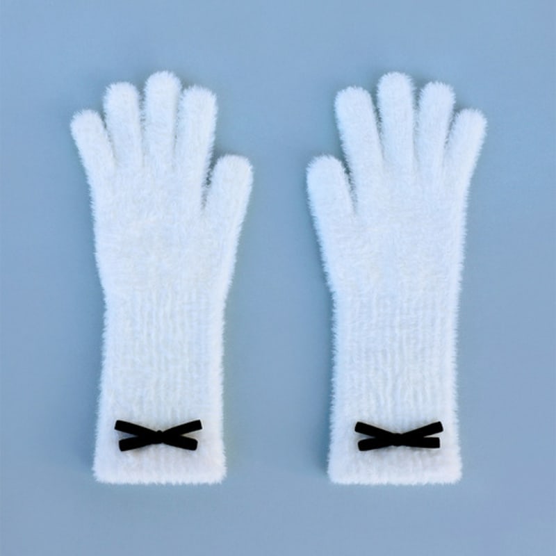 GOCORI FUZZY RIBBON FINGER Hole GLOVES - WHITE