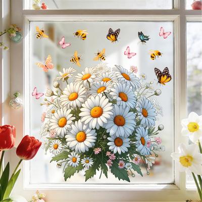 Static Window Clings, Flower Butterfly Bee Wall Sticker, Self Adhesive Removable Vinyl Decal for Living Room Balcony Window, No Residue Static Cling