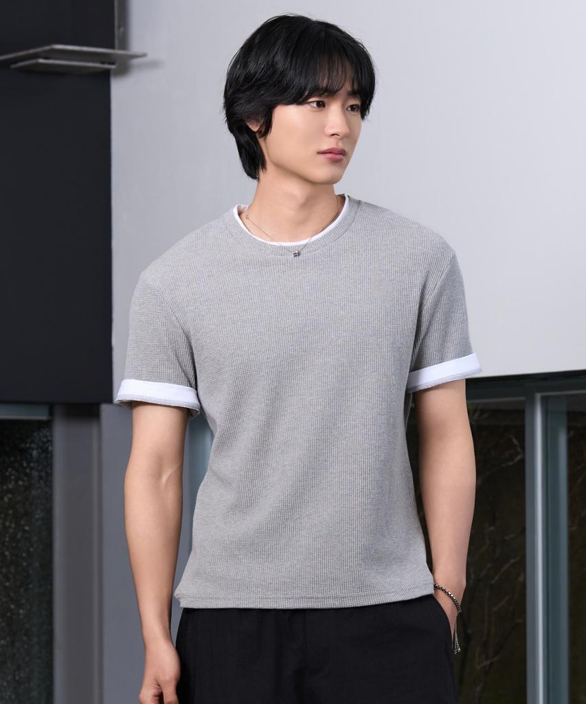 HYOJI 26 Ss Semi-Crop Waffle Color Block Layered Short Sleeve T-Shirt (3 Colors)
