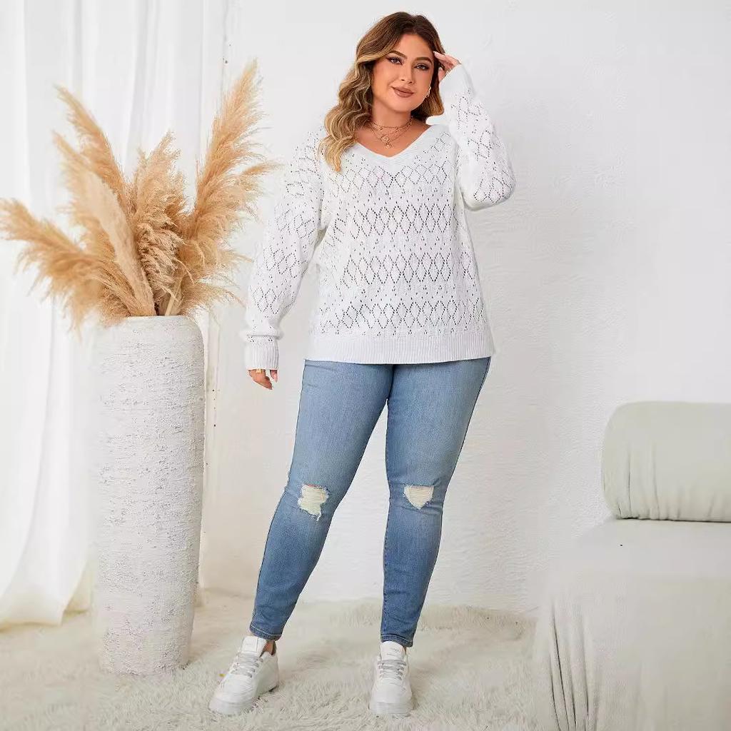 Fall Women's Round Neck Pullover Knit Sweater Plus Size Hollow Out V-Neck Tops