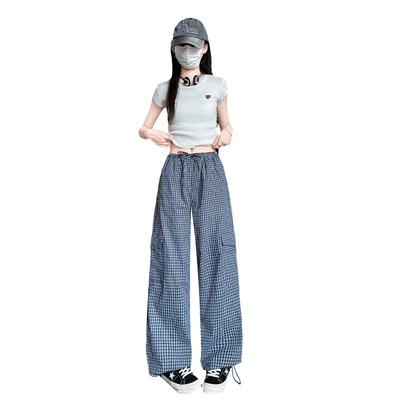 Small Plaid Pants for Women In Spring and Autumn New Retro Slim Straight Casual Trousers Drawstring Loose High-end Wide-leg Pants