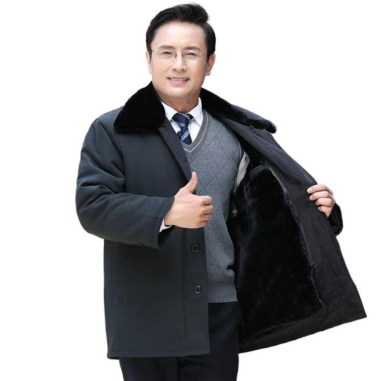 Mid-length Men's Winter Jacket: Warm, Thickened Cotton with Velvet, Genuine Product for Middle-aged and Elderly.
