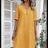 Women V Neck Half Button Midi Dress Short Sleeve Linen Cotton Loose Straight Dress With Pockets Casual Summer Vacation Dress