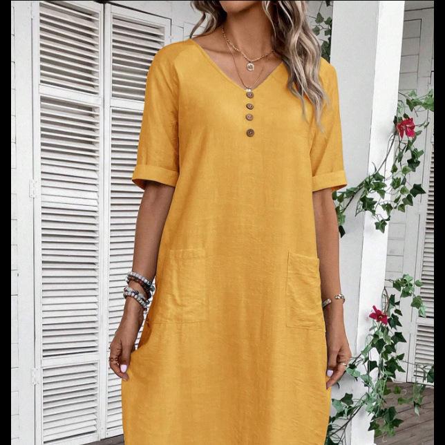 Women V Neck Half Button Midi Dress Short Sleeve Linen Cotton Loose Straight Dress With Pockets Casual Summer Vacation Dress